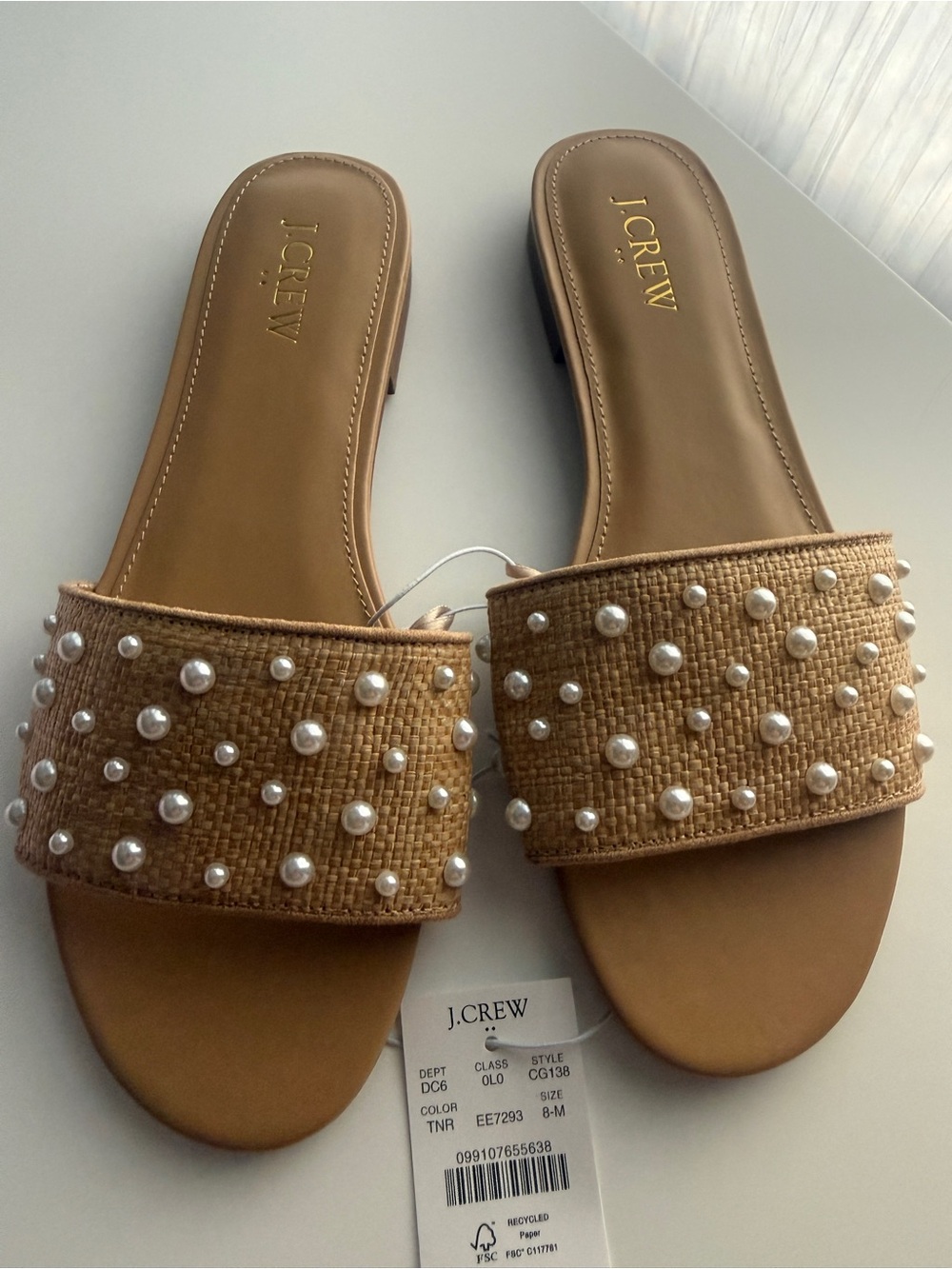 J. Crew Tan Pearl-Studded Slide Mules